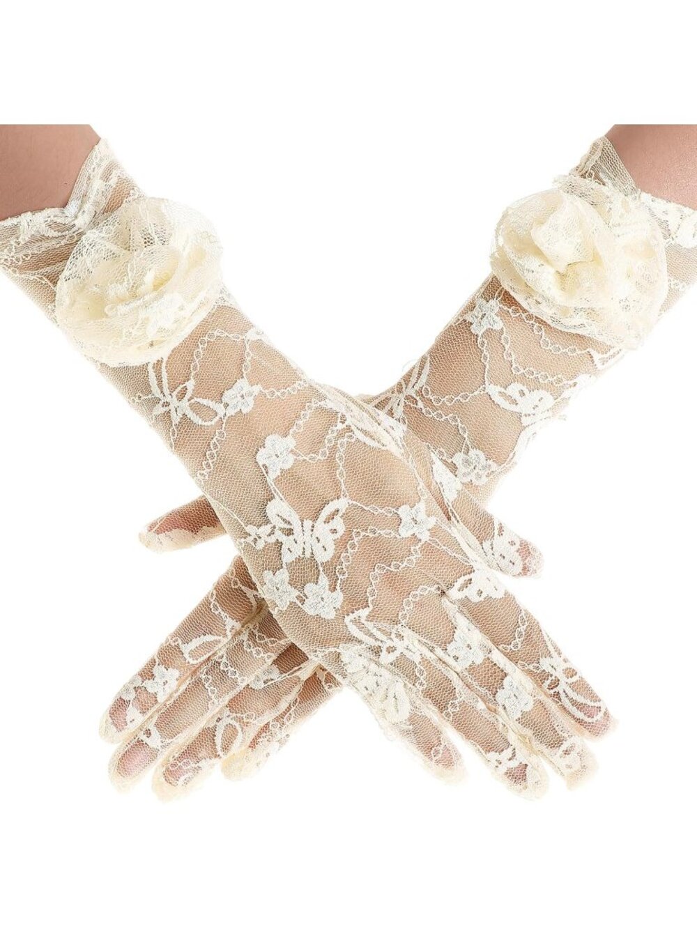 Women Beige Lace Floral Tea Wedding Bridal Party Opera Costum Glove with 3D Rose